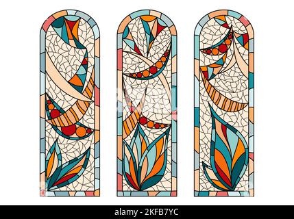 Buntglasfenster in einer Kirche. Satz von drei verschiedenen Bildern Zeichnung in einem Stil. Stock Vektor