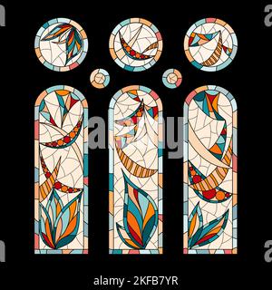 Buntglasfenster in einer Kirche auf schwarzem Hintergrund. Satz von verschiedenen Bildern Zeichnung in einem Stil. Stock Vektor