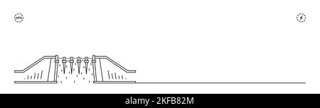 Wasserkraftwerk. Trennwand mit grüner Energie. Linienkunstkonzept. Stock Vektor