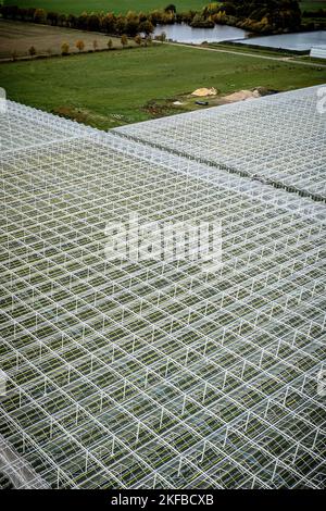 VENLO - Ein Drohnenfoto vom Gewächshaus-Gartenbau in Venlo. Viele Gärtner mit Gewächshäusern laufen wegen der hohen Energiepreise Gefahr, in finanzielle Schwierigkeiten zu geraten. ANP / Hollandse Hoogte / Rob Engelaar niederlande Out - belgien Out Stockfoto