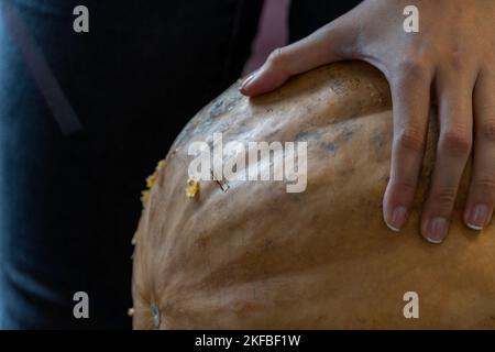 Frau schnitzt großen orangefarbenen Kürbis für Halloween, während sie zu Hause am Holztisch sitzt Stockfoto