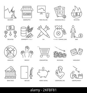 Symbol für die Finanzkrise im Linienstil. Probleme des Wirtschaftssystems, Konkurs, Rezession und Deflation. Vektorgrafik. Stock Vektor