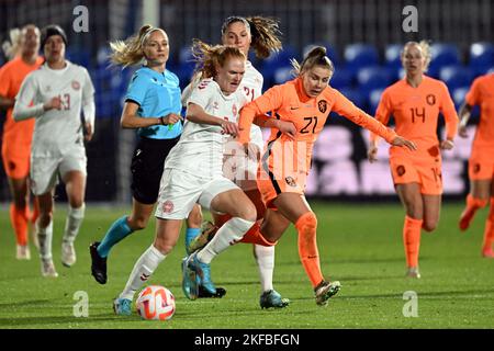 ZWOLLE - (lr) Stine Ballisager Pedersen aus Dänemark, Victoria Pelova aus Holland beim Freundschaftsspiel der Damen zwischen den Niederlanden und Dänemark im MAC³PARK-Stadion am 15. November 2022 in Zwolle, Niederlande. ANP GERRIT VAN KEULEN niederlande Out - belgien Out Stockfoto