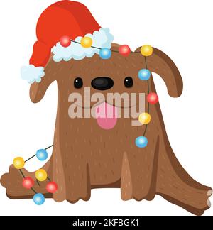 Niedlicher Hund mit Weihnachtsdekoration in einem Weihnachtsmütze. Vektorgrafik für Grußkarte, Aufkleber auf Poster. Stock Vektor