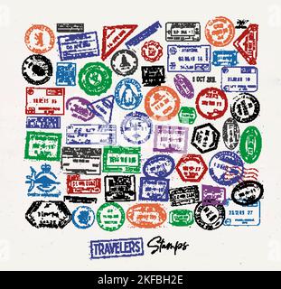 Passstempel aus verschiedenen Ländern Bunte Ikone mit Schriftzug Reisende Stempel Poster Stil Stock Vektor