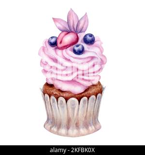 Handgezeichneter, rosafarbener Cupcake mit Herz zum Valentinstag, zur Hochzeit und zum Geburtstag. Auf weißem Hintergrund isolierte Elemente. Stockfoto