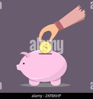 Mann Hand, die eine Münze in ein Sparschwein auf blauem Hintergrund isoliert. Wirtschafts- und Geschäftskonzept. Platz für Design oder Text kopieren. Vektor mit flachem Stil Stock Vektor