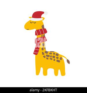 Niedliche weihnachtsgiraffe in weihnachtsmütze, Cartoon-Vektor-Illustration auf weiß. Moderner Stil, Element für Kinder-Design Stock Vektor
