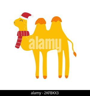 Kamel trägt weihnachtsmütze, niedliches Icon-Design für Kinder. Tier auf weißem Hintergrund. Vektor Stock Vektor