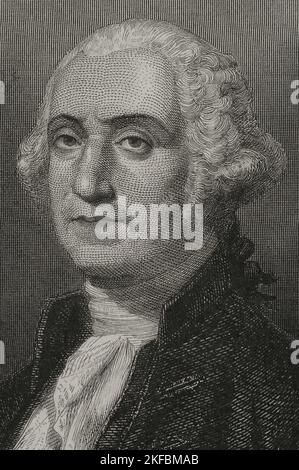 George Washington (1732-1799). 1. Präsident der Vereinigten Staaten (1789-1797). Hochformat. Gravur. „Historia Universal“ von César Cantú. Band VI. 1857. Stockfoto