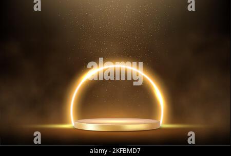 3D Goldenes Podium unter herunterfallendem Goldglitzer isoliert auf dunklem Hintergrund. Stock Vektor