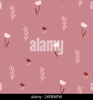 Von Hand gezeichnete abstrakte ditsy Blumen nahtlose Muster auf rot. Wiederholtes Blumenvektormuster. Süßes Muster in kalkig-shabby-Chic. Vektorgrafik Stock Vektor