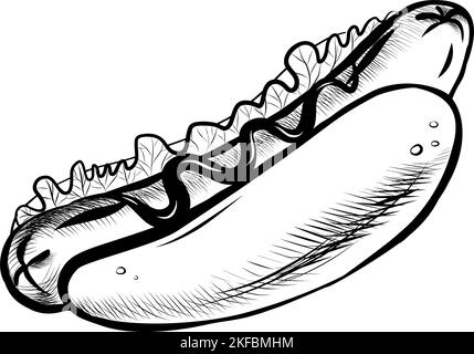 Handgezeichneter Doodle of Hot Dog mit Senf. Cartoon Sketch für traditionelle amerikanische Lustige Labels mit Street Food Stock Vektor