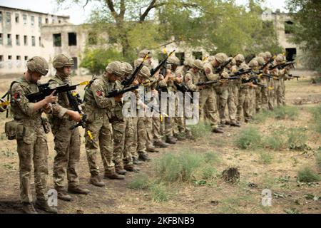 Soldaten der britischen Armee mit dem 82. Air Assault Support Squadron bereiten ihre SA80A2 Gewehre für multinationale Breach-Trainings während Noble Partner im Vaziani Training Area, Georgia, vor. Noble Partner ist eine kooperativ geführte multinationale Trainingsübung in der sechsten Auflage zwischen den georgischen Verteidigungskräften (GDF) und der US-Armee Europa und Afrika. Stockfoto