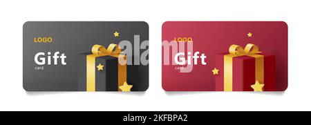 Geschenkgutscheinvorlage mit 3D Illustration einer Geschenkbox mit goldenem Band und Sternkonfetti in Schwarz und Rot Stock Vektor
