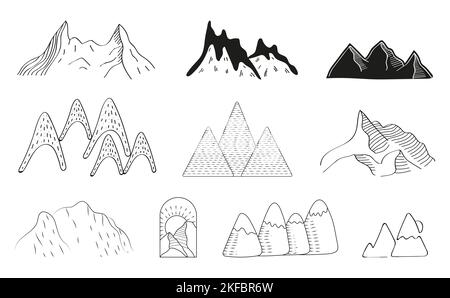 Berge Doodle Symbole Vektor gesetzt. Rockt Silhouetten Sets. Bergketten und Gipfel im linearen Stil. Logo für Winterwandern. Stock Vektor