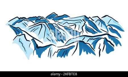 Blaue Berge, handgezeichnet mit Tinte und Aquarellen im Skizzenstil. Vektorgrafik. Stock Vektor