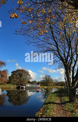 Die Blätter drehen sich und fallen entlang des Kanals in Crabtree Lane, Burscough, wo ein enges Boot unter flauschigen weißen Wolken in einem blauen Himmel vertäut ist Stockfoto