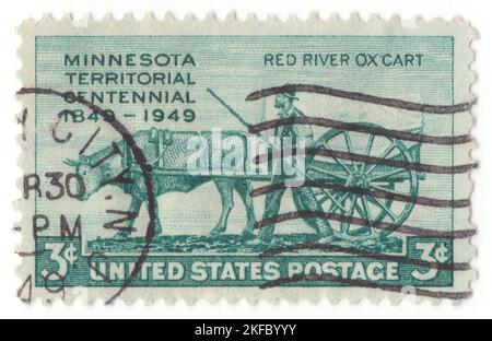 USA - 1949. März 3: Eine 3 Cent blau-grüne Briefmarke, die Pioneer und Red River Ox Cart zeigt. Minnesota Territory-Problem. 100. Jahrestag der Gründung des Minnesota Territory Stockfoto