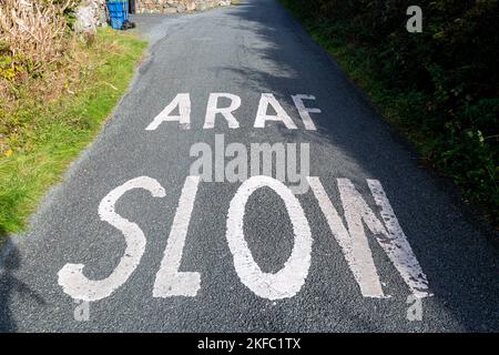 Ein Straßenschild auf dem Asphalt in Walisisch und Englisch mit der Aufschrift ARAF SLOW Stockfoto