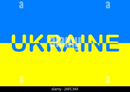 Ukraine. Banner, Logo blau und gelb auf Papier Hintergrund. Ukrainische patriotische Flagge. Die auf der Karte geschriebenen Worte. Grafikschriftart, farbiger Text. Kolo Stockfoto