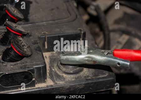 Laden einer Autobatterie. An den Batterieanschluss des Kabels vom Ladegerät angeschlossen, wobei die Polarität zu berücksichtigen ist. Stockfoto