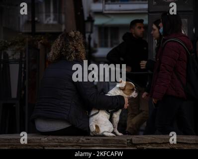 Ein Blick auf Menschen verschiedener Rassen und Geschlechter und eine französische Bulldogge auf einer Straße in Thessaloniki, Griechenland Stockfoto