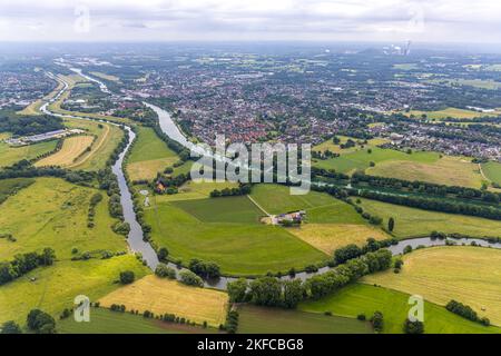 Luftaufnahme, Lippeflut mit Lippe und Wesel-Datteln-Kanal, Blick auf Dorsten, Hardt, Dorsten, Ruhrgebiet, Nordrhein-Westfalen, Deutschland, D Stockfoto