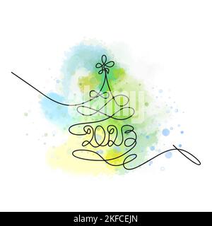 Skizzieren Sie den Weihnachtsbaum 2023, eine Linienabbildung, auf einem Aquarellhintergrund mit Farbspritzern Stock Vektor