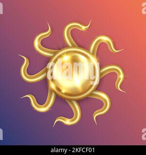 Gold Sun Luxus-Logo-Symbol. Abstraktes goldenes Sonnenstrahlen isoliert auf buntem Hintergrund. Vintage heilige glänzende Sonne Burst Design-Element. Geometrische Form Stock Vektor