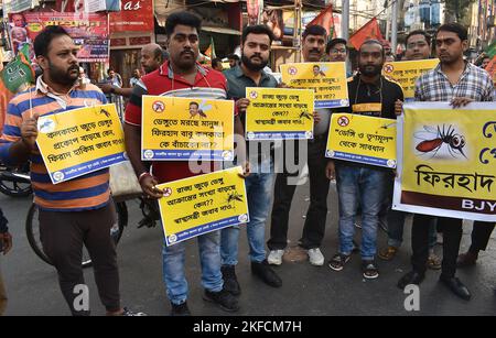 Kalkutta, Indien. 17.. November 2022. Anhänger von North Kalkutta Yuba Morcha protestieren an der Kreuzung Bowbazar, Kalkutta, und fordern die Regierung des Bundesstaates auf, Maßnahmen zu ergreifen, um Dengue nicht zu verhindern. (Foto von Sayantan Chakraborty/Pacific Press) Quelle: Pacific Press Media Production Corp./Alamy Live News Stockfoto