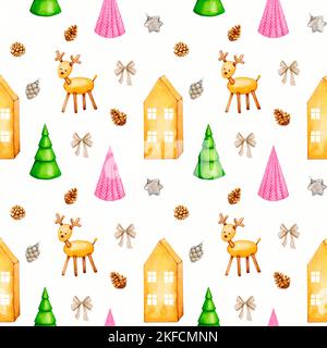 Nahtloses Muster mit Weihnachts- und Neujahrsmotiv. Niedliche Hirschen, Weihnachtsbäume, Häuser und Weihnachtsdekorationen. Handgezeichnetes Aquarell. Design für Stockfoto
