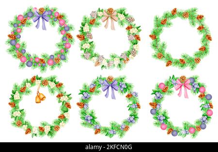 Ein Satz Aquarell Neujahr und Weihnachtskränze aus Kiefernzweigen und Zapfen. Aquarell handgezeichnete Illustration. Ideal für Einladungen, Gruß c Stockfoto