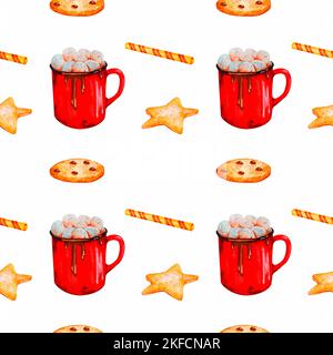 Becher mit Heißgetränk, Keksen und anderen Süßigkeiten. Nahtloses Aquarellmuster. Design für Geschenkpapier, Verpackungen, Scrapbooking, Papeterie, Textil, f Stockfoto