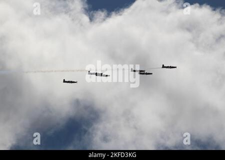Das Team der Royal Australian Air Force (RAAF) Roulettes Formation zeigt mit einem Trainer-Flugzeug über Hobart, Australien Stockfoto