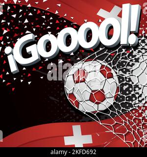 Word GOOOOL in weißer Schrift 3D neben einem Fußball, der auf einem Hintergrund mit Schweizer Flaggen und weißen und roten Konfetti ein Tor schiebt. Vektorbild Stock Vektor