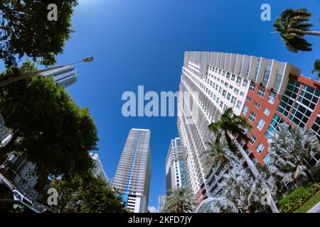 Fotografie eines Wolkenkratzers mit einem Fisheye-Objektiv. Stockfoto