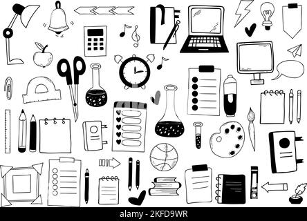Sammlung Schule Kritzeleien. Lernartikel, Schreibwaren, Schreibhefte, Stifte und Bücher, Laptop, Planer und Hobbys. Vektorillus.tration Stock Vektor
