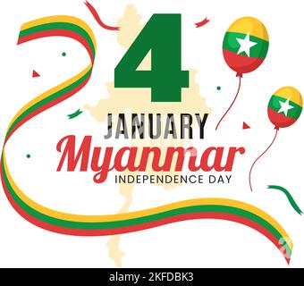 Feier des Unabhängigkeitstages von Myanmar am 4.. Januar mit Flaggen im flachen Cartoon-Hintergrund Handgezeichnete Vorlagen Illustration Stock Vektor