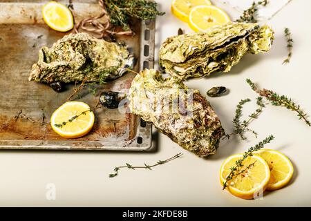 Riesige frische pazifische Austern auf hellem Hintergrund. Zitrone und Orangano. Selektiver Fokus. Speicherplatz kopieren Stockfoto