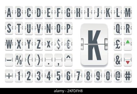 Weiße Flughafen-Terminal mechanische Anzeigetafel Licht Schriftart für die Börsenkurse. Vektorgrafik. Flipboard-Alphabet der Fluggesellschaft zur Anzeige von Abflug- oder Finanzinformationen Stock Vektor