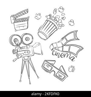 Kinofilm, Kamera, Popcorn und andere Objekte. Kino im Doodle-Stil. Vektordarstellung auf weißem Hintergrund isoliert Stock Vektor