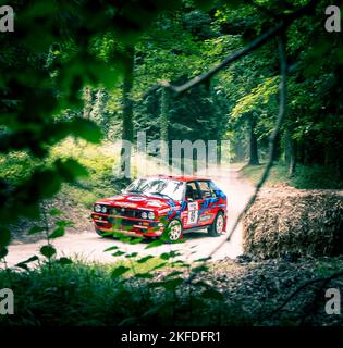 Rote Rallye-Autorennen auf Waldstraßen beim Goodwood Festival of Speed. Stockfoto