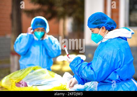 HOHHOT, CHINA - 18. NOVEMBER 2022 - Medizinische Mitarbeiter bereiten sich auf die Nukleinsäureprobennahme in einem Wohnkomplex in Hohhot, Innere Mongolei, China, 1. November vor Stockfoto