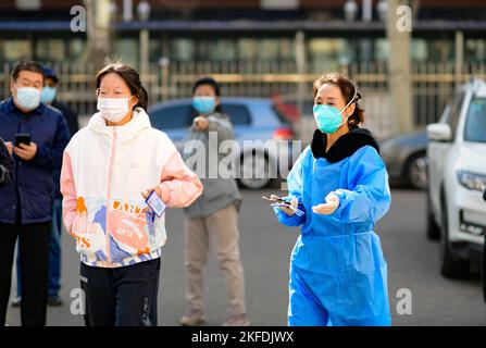 HOHHOT, CHINA - 18. NOVEMBER 2022 - Ein Gemeindearbeiter führt die Bewohner zur Nukleinsäuremusterung in einem Wohnkomplex in Hohhot, Innere Mongolei, Stockfoto