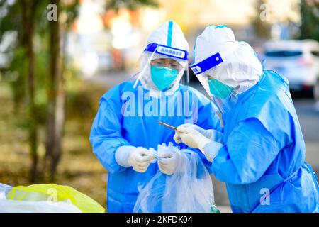 HOHHOT, CHINA - 18. NOVEMBER 2022 - Medizinische Mitarbeiter bereiten sich auf die Nukleinsäureprobennahme in einem Wohnkomplex in Hohhot, Innere Mongolei, China, 1. November vor Stockfoto