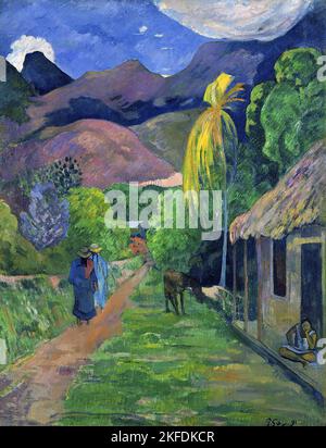 Tahiti: 'Rue de Tahiti' (Straße in Tahiti). Öl auf Leinwand von Paul Gauguin (7. Juni 1848 - 8. Mai 1903), 1891. Paul Gauguin wurde 1848 in Paris geboren und verbrachte einen Teil seiner Kindheit in Peru. Er arbeitete als Börsenmakler mit wenig Erfolg und litt an schweren Depressionen. Er malte auch. 1891 segelte Gauguin, frustriert durch mangelnde Anerkennung zu Hause und finanziell mittellos, in die Tropen, um der europäischen Zivilisation und "allem, was künstlich und konventionell ist" zu entkommen. Seine Zeit dort war das Thema von viel Interesse sowohl damals als auch in der Neuzeit. Stockfoto