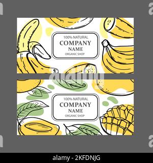 BANANA MANGO ETIKETTEN Design von Sticker für Shop of Organic Natural Fresh Fruits Gemüse und Dessert Drink Produkte im Sketch Style Vektor Illustration Stock Vektor