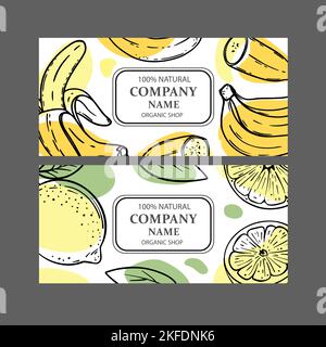 BANANA LEMON LABELS Design von Sticker für Shop of Organic Natural Fresh Fruits Gemüse und Dessert Drink Produkte im Sketch Style Vektor Illustration Stock Vektor