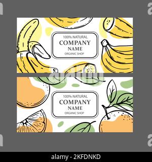 BANANENORANGE ETIKETTEN Design von Aufklebern für Shop of Organic Natural Fresh Fruits Gemüse und Dessert Drink Produkte im Sketch Style Vektor Illustra Stock Vektor